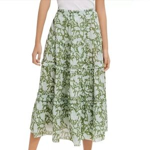 MAJE Jitale Printed Ruffled Maxi Skirt Green Cotton Voile US/FR40